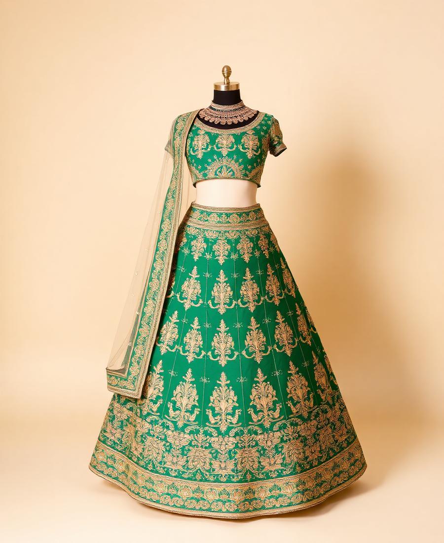 Emerald bridal lehenga with gold zari embroidery